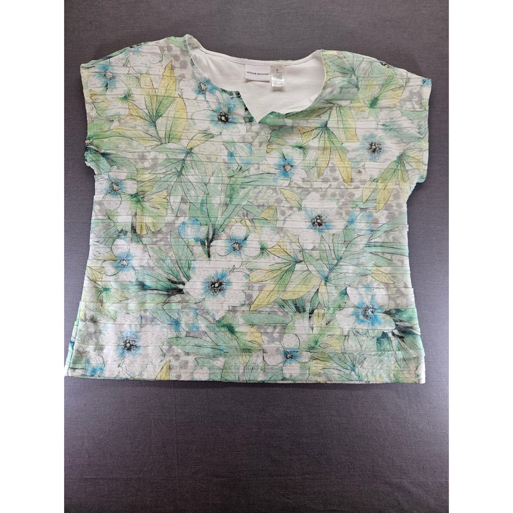 Alfred Dunner Womens XL Floral Leopard Print Tiered Short Sleeve Blouse Top Blue